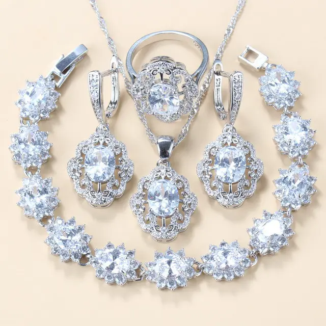 Garnet Cubic Zirconia Earrings Pendant Necklace Bracelet Ring Gift Set White - Shop at LoveMi