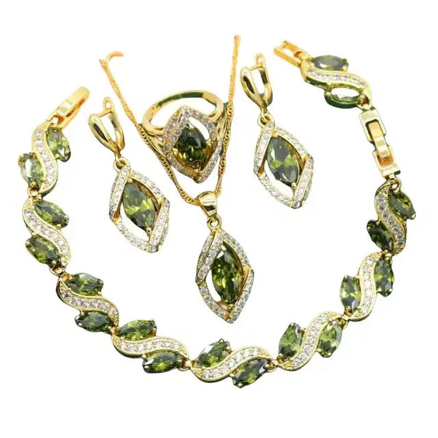 Anti allergy AAA Zircon Bracelet Necklace Earring Ring Gold Ornament Suit Olive Green Suit - Shop at LoveMi