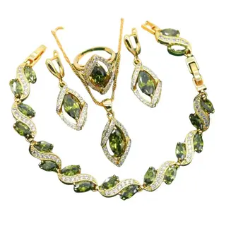 Anti-allergy AAA Zircon Bracelet Necklace Earring Ring Gold Ornament Suit - Olive Green Suit