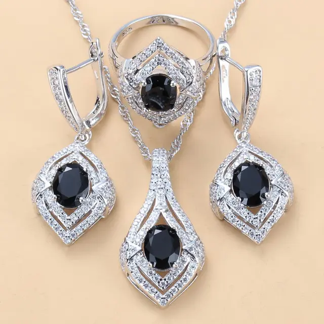 Gem inlaid Pendant Earrings Necklace Ring Ladies Three piece Set Black Suit - Shop at LoveMi