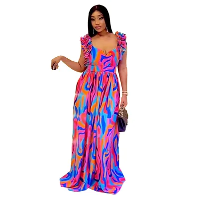 European And American Fashion Women's Wear Elegant Ruffled Shoulder Strap Printed Dress C7512 Printing - Shop at LoveMi