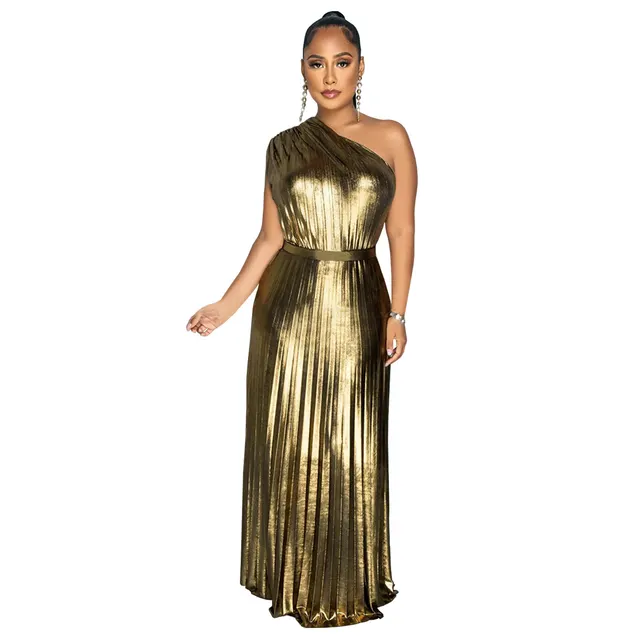 European And American Fashion Elegant Bronzing Oblique Shoulder Sleeveless Solid Color Dress Gold Yellow - Shop at LoveMi