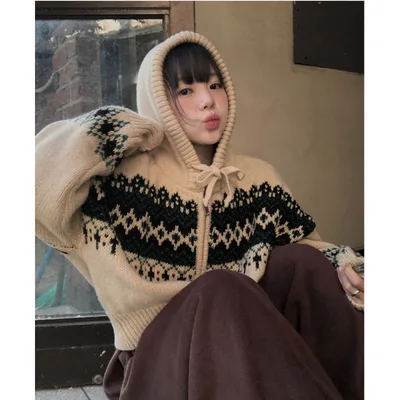 European Style Contrast Color Fair Island Jacquard Loose fitting Long Sleeve Hoodie Sweater Coat Apricot - Shop at LoveMi