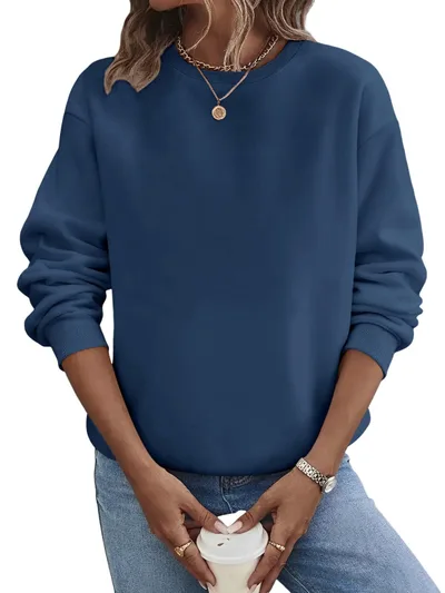 Solid Color Blank Round Neck Plus Size Fashion Sweater Navy Blue - Shop at LoveMi