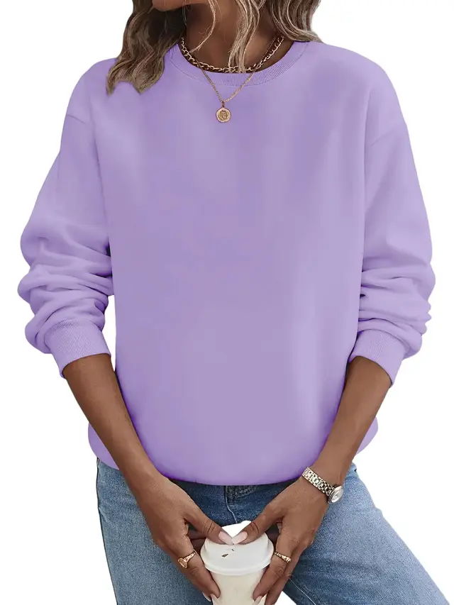 Solid Color Blank Round Neck Plus Size Fashion Sweater Purple - Shop at LoveMi