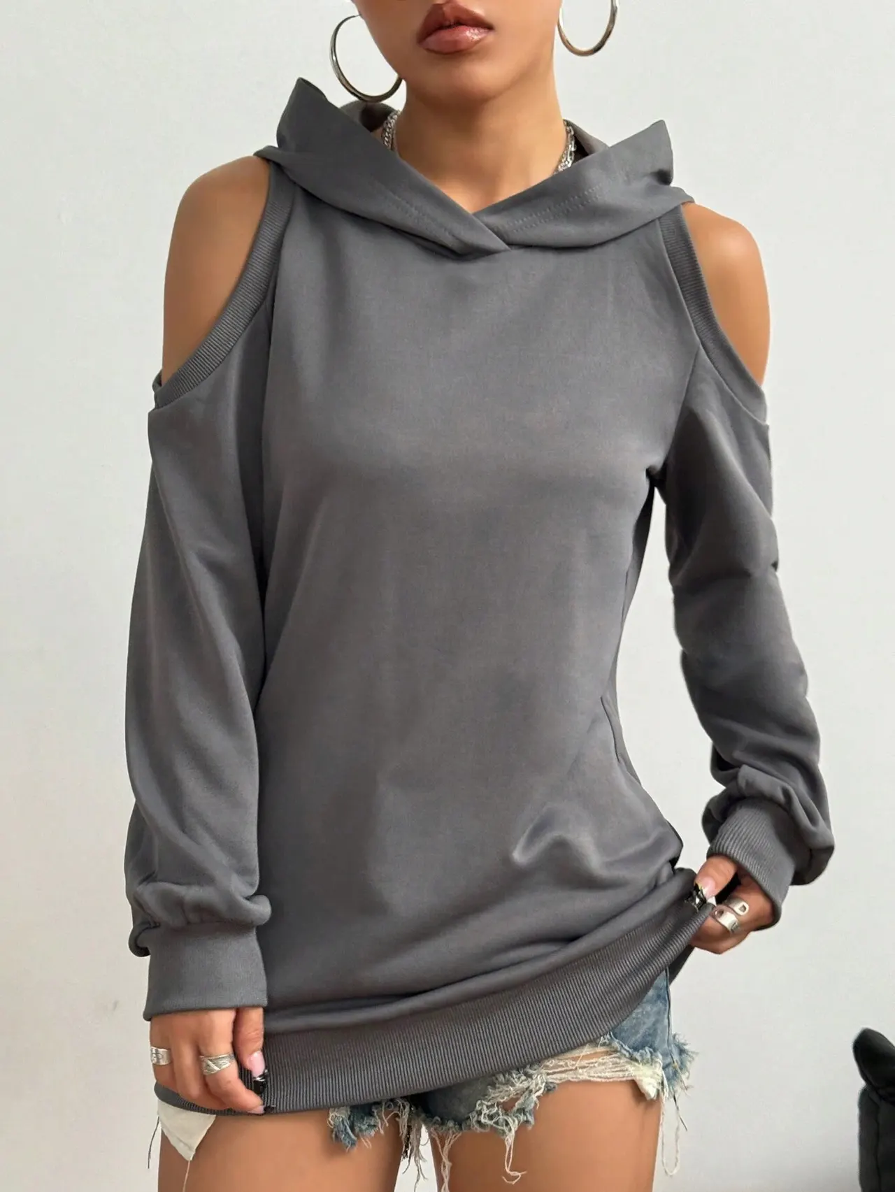 Autumn And Winter Solid Color Off-the-shoulder Hooded Women's Fashion Sweater - Gray