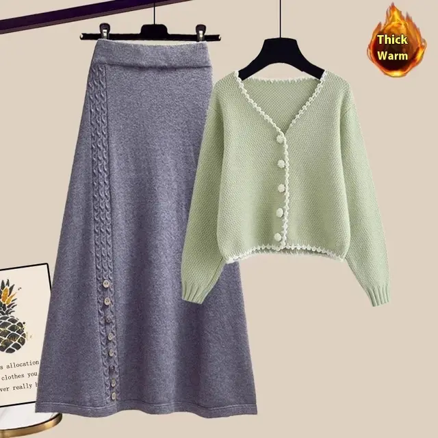 Winter Sweater Coat This Year Popular Skirt Two piece Set Gray - Shop at LoveMi