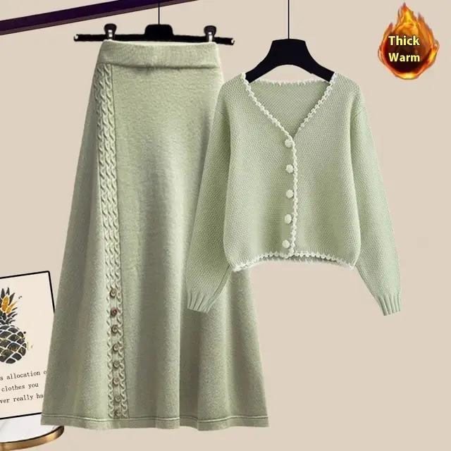 Winter Sweater Coat This Year Popular Skirt Two piece Set Green - Shop at LoveMi