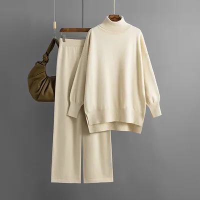 Solid Color Slit Sweater Loose Casual Knitted Two piece Apricot - Shop at LoveMi