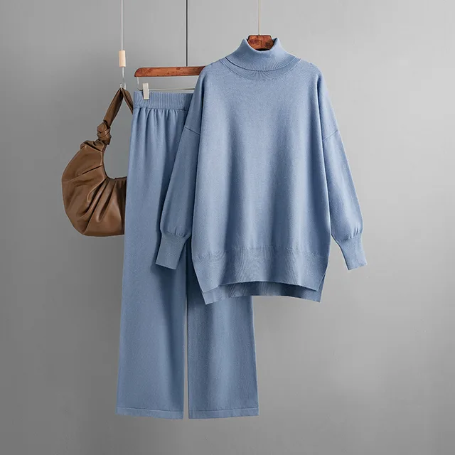 Solid Color Slit Sweater Loose Casual Knitted Two piece Peacock Blue - Shop at LoveMi