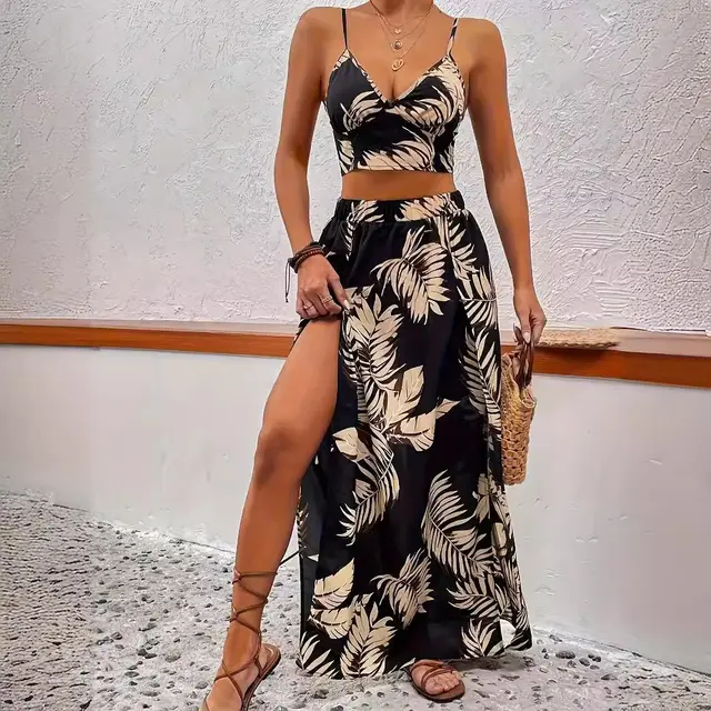 Summer New Suspender High Slit Mid length Dress Set Women Black - Shop at LoveMi