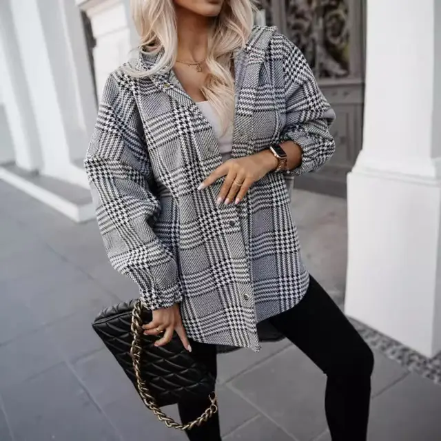 New Hooded Plaid Coat Loose Fashion Light Gray - Shop at LoveMi