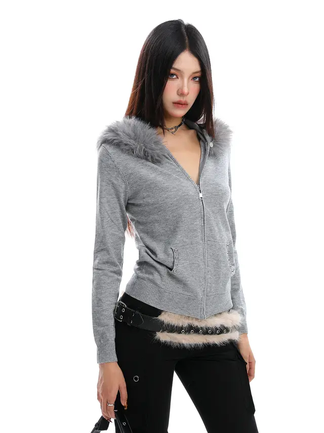 Design Sense Rivet Fur Collar Hood Sweater Gray - Shop at LoveMi