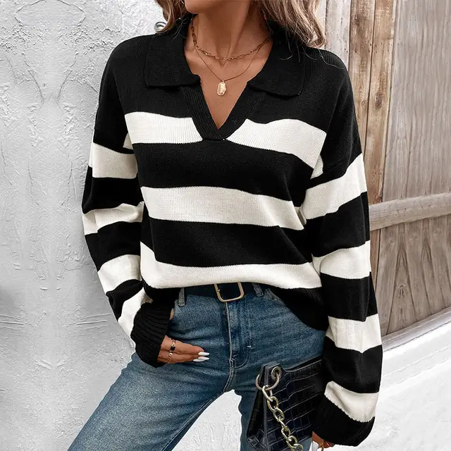 Women's Long Sleeve Polo Collar Stripes Sweater Black And Apricot - Shop at LoveMi