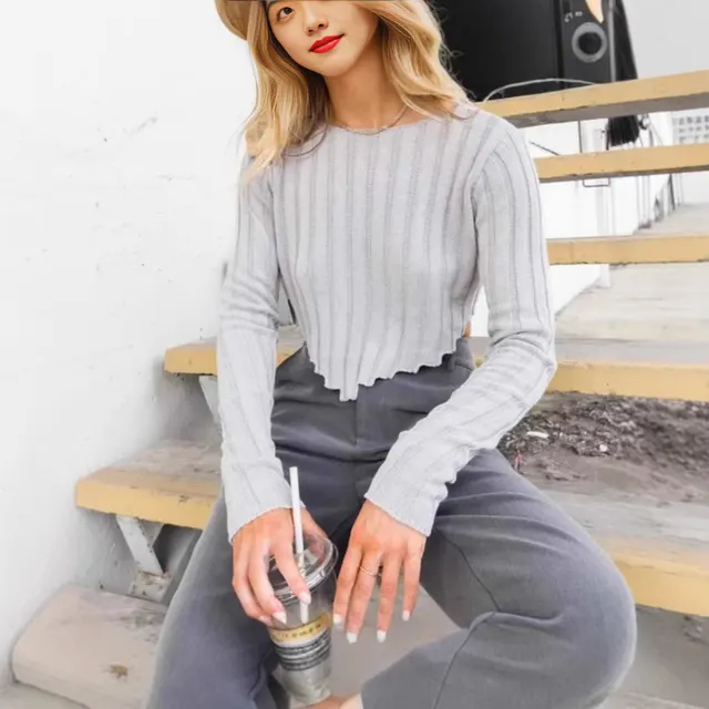 Women's Cropped Short Sweater Solid Color Light Gray - Shop at LoveMi
