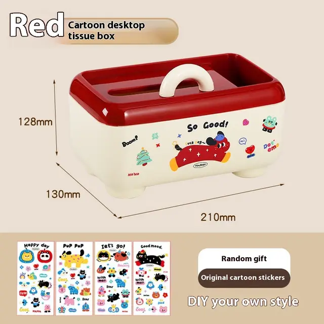 Dopamine Desktop Stationery Storage Cartoon Pen Holder Tissue Storage Box Red Sticker - Shop at LoveMi