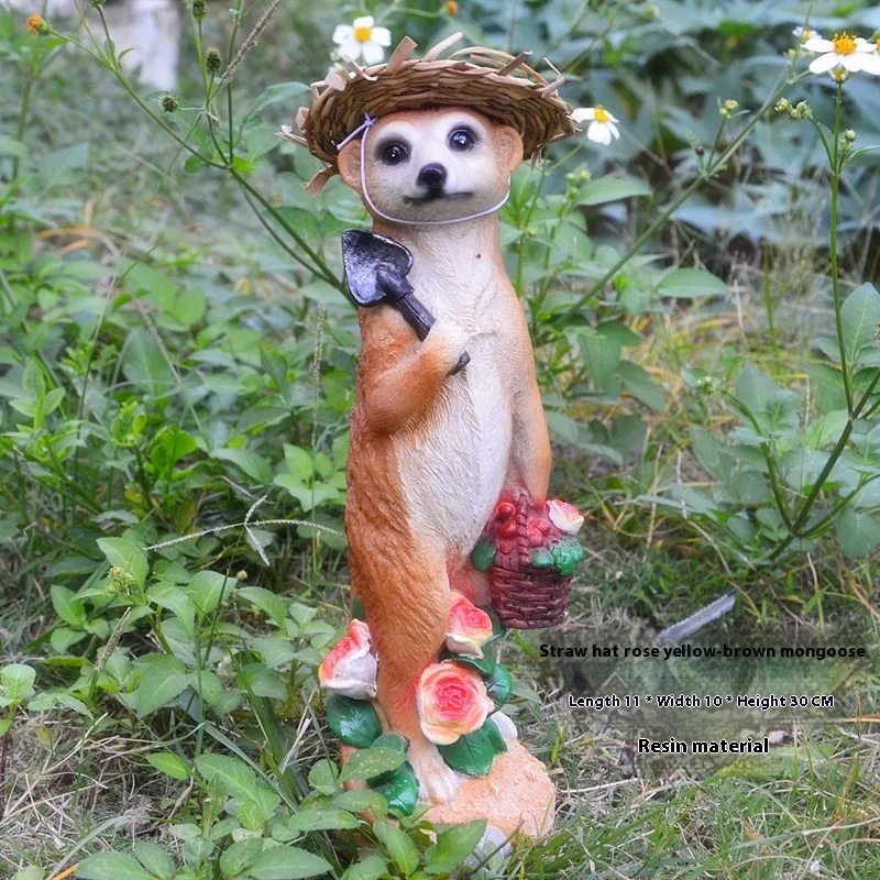 Straw Hat Mongoose Ornaments Gardening Bonsai Decoration Crafts Yellow Brown With Shovel - Shop at LoveMi