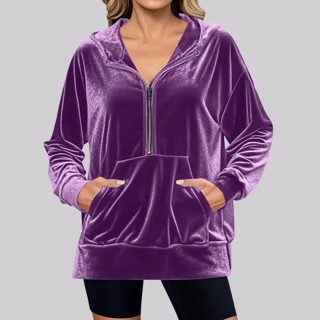 Loose Long Sleeve Zipper Pocket Pleuche Top Women Purple - Shop at LoveMi