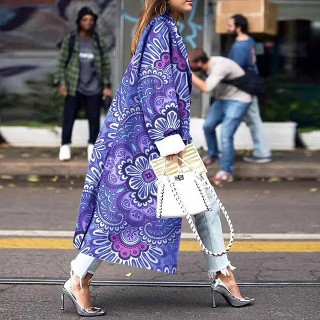 Fashion Loose Ankle Print Woolen Coat Purple Blue - Shop at LoveMi