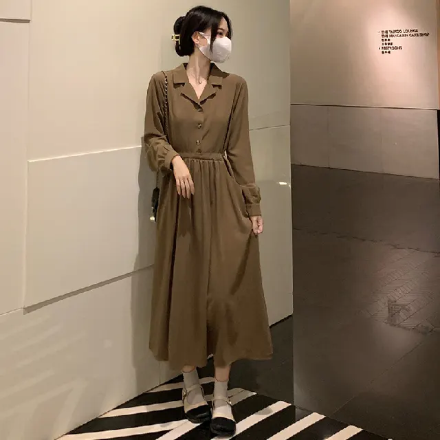 French Style Long Sleeve Black Dress Women Brown - Shop at LoveMi