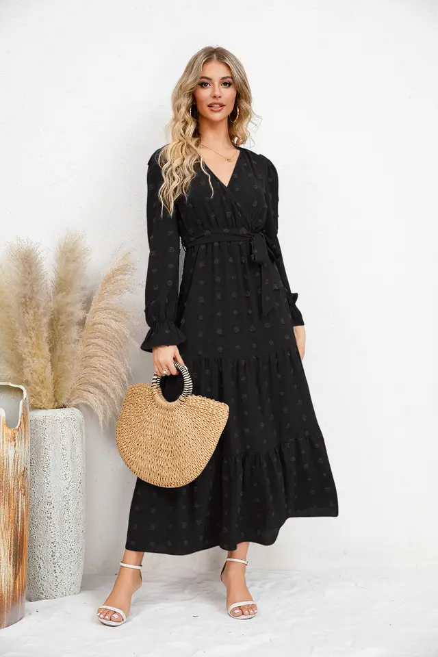 Solid Color Wide Hem Casual Dress Women's Clothing Black - Shop at LoveMi