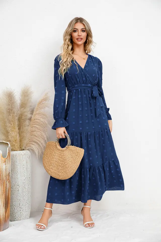 Solid Color Wide Hem Casual Dress Women's Clothing Blue - Shop at LoveMi