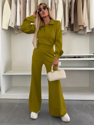 Long Sleeve Top Elastic Wide Leg Pants Two piece Set Olive - Shop at LoveMi
