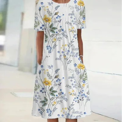 Spring And Summer Women's Elegant Large Swing Round Neck Printed Short Sleeve Dress No 1 Color Xxxl - Shop at LoveMi