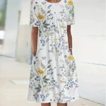 Spring And Summer Women's Elegant Large Swing Round Neck Printed Short Sleeve Dress - No 1 Color-Xxxl - View 1