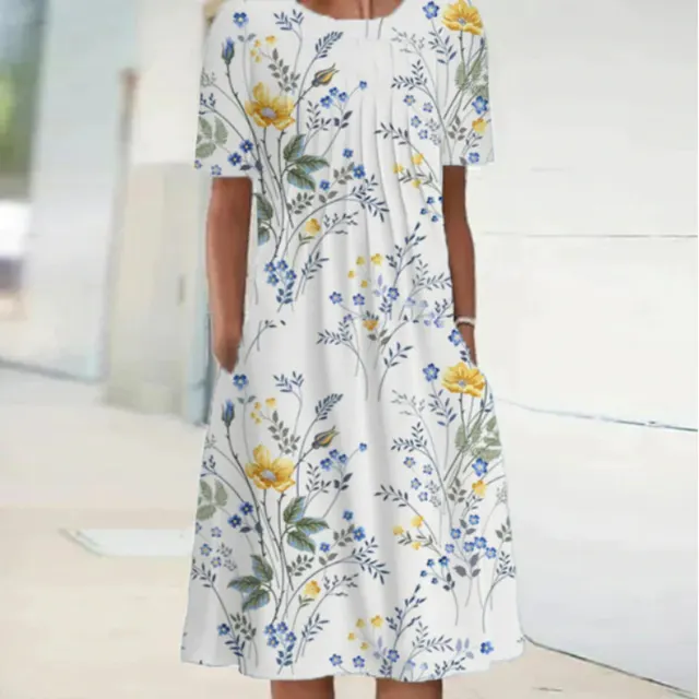 Spring And Summer Women's Elegant Large Swing Round Neck Printed Short Sleeve Dress No 1 Color - Shop at LoveMi