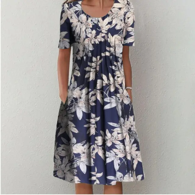 Spring And Summer Women's Elegant Large Swing Round Neck Printed Short Sleeve Dress No 8 Color - Shop at LoveMi