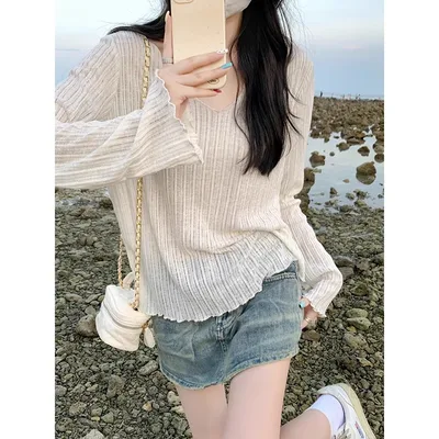 Ice Silk Thin Summer Long sleeve T shirt For Women Apricot - Shop at LoveMi