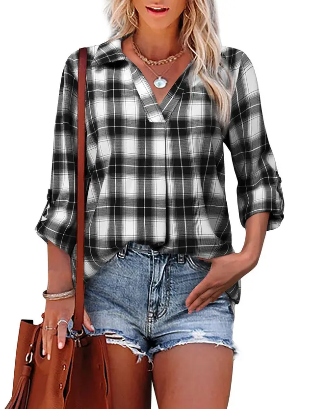 Lapel Loose Women's Plaid Shirt Commuter Style Black - Shop at LoveMi