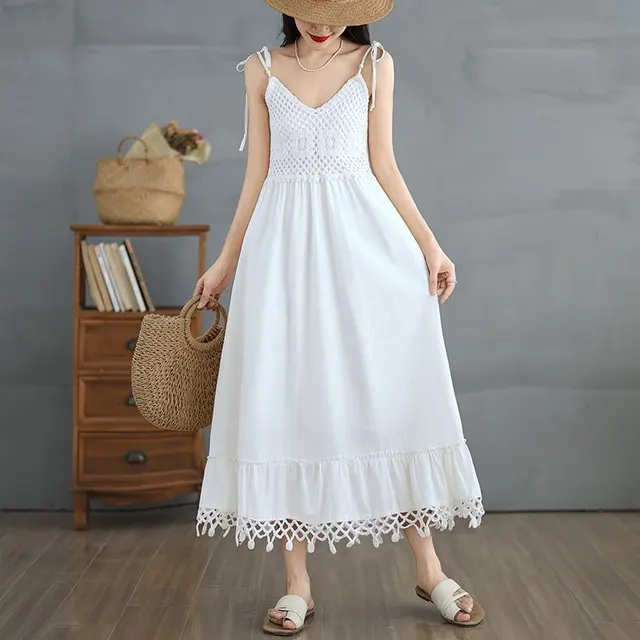 Hollow Sleeveless Sling Seaside Holiday Dress White - Shop at LoveMi