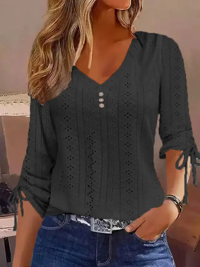 Solid Color Jacquard Button Long sleeved T shirt Top Black - Shop at LoveMi