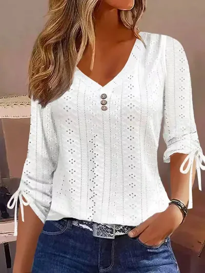 Solid Color Jacquard Button Long sleeved T shirt Top White - Shop at LoveMi
