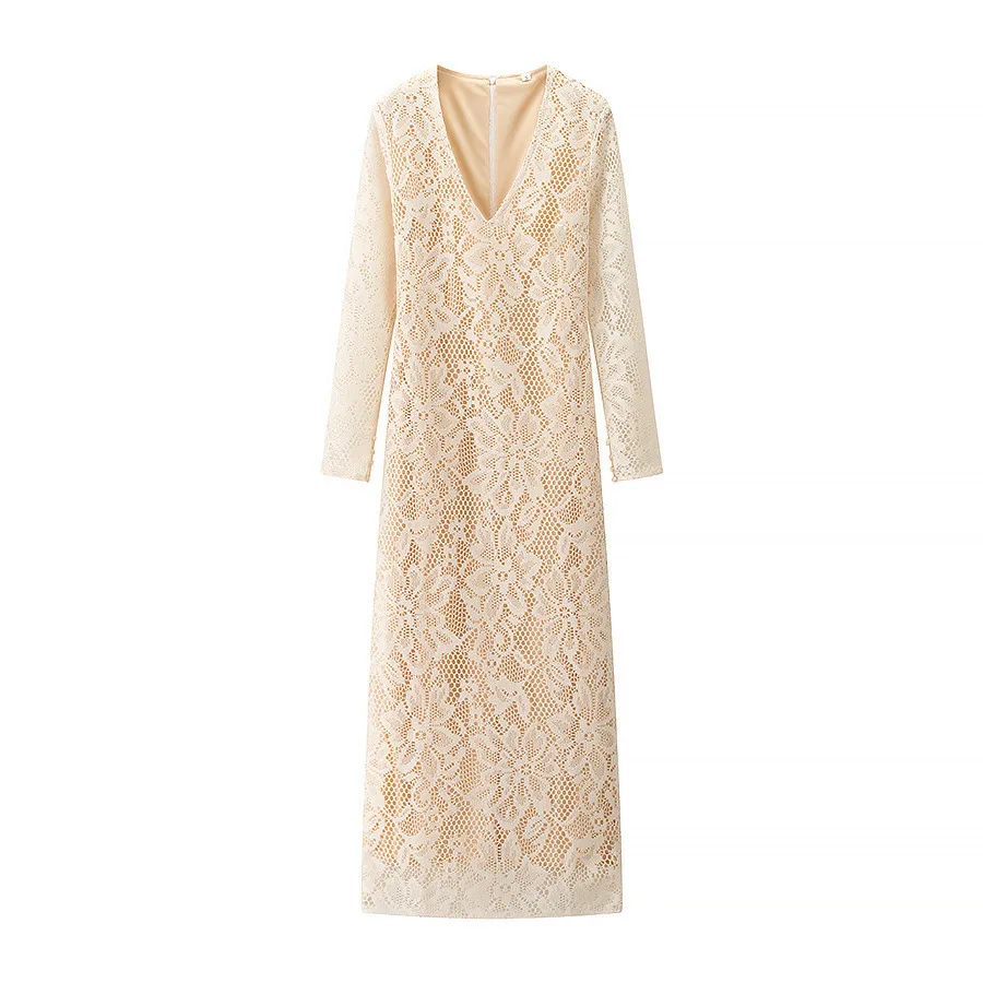 European And American Style Sexy Female Deep V Long Sleeve Mesh Lace Hollow Dress Yellow - Shop at LoveMi