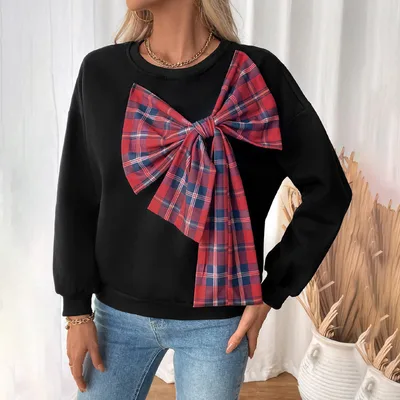 Round Neck Cashmere Plaid Bow Patchwork Sweater Black - Shop at LoveMi