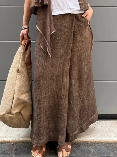 Cotton And Linen Loose Button Wide leg Pants Camel - Shop at LoveMi