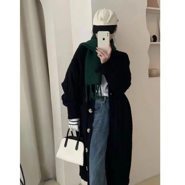 Women's Twist Knitted Cardigan Autumn And Winter Lazy Style Sweater Coat Black - Shop at LoveMi