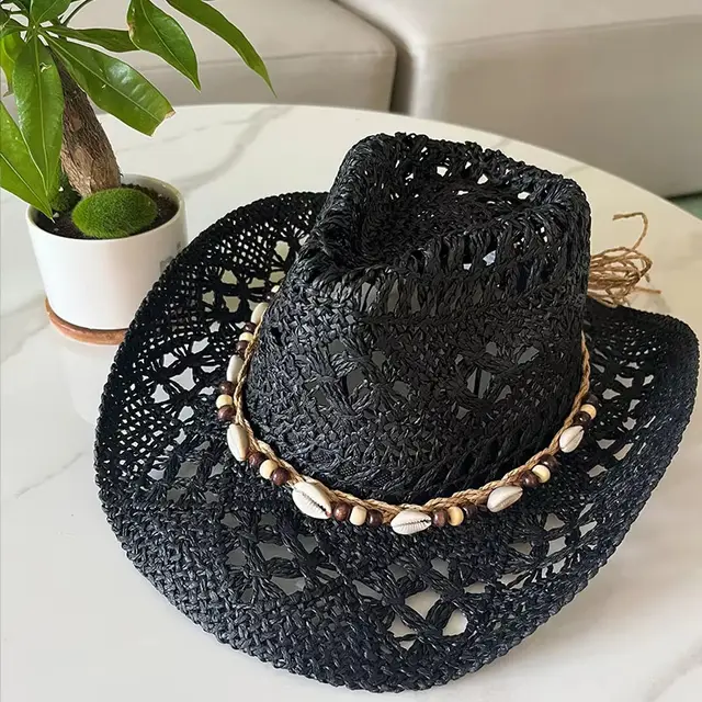 Bohemian Shell Straw Summer Beach Ethnic Style Hollow Sun Hat Black Shell - Shop at LoveMi
