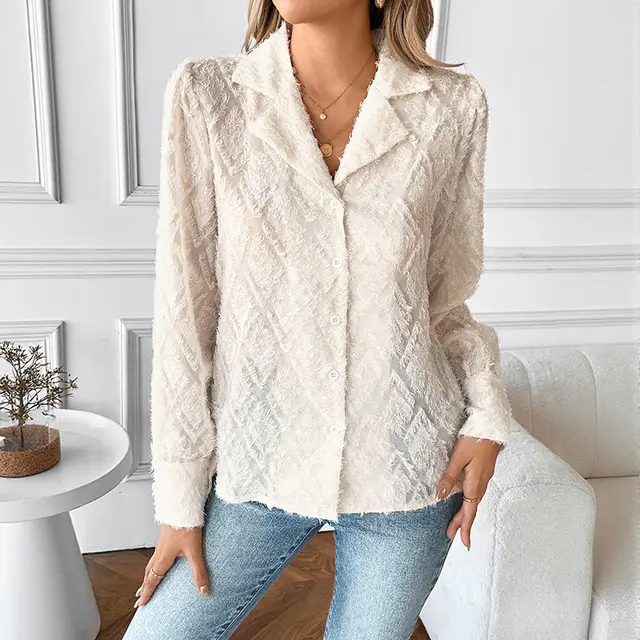 Diamond Lattice Suit Collar Cardigan Long Sleeve Shirt Apricot - Shop at LoveMi