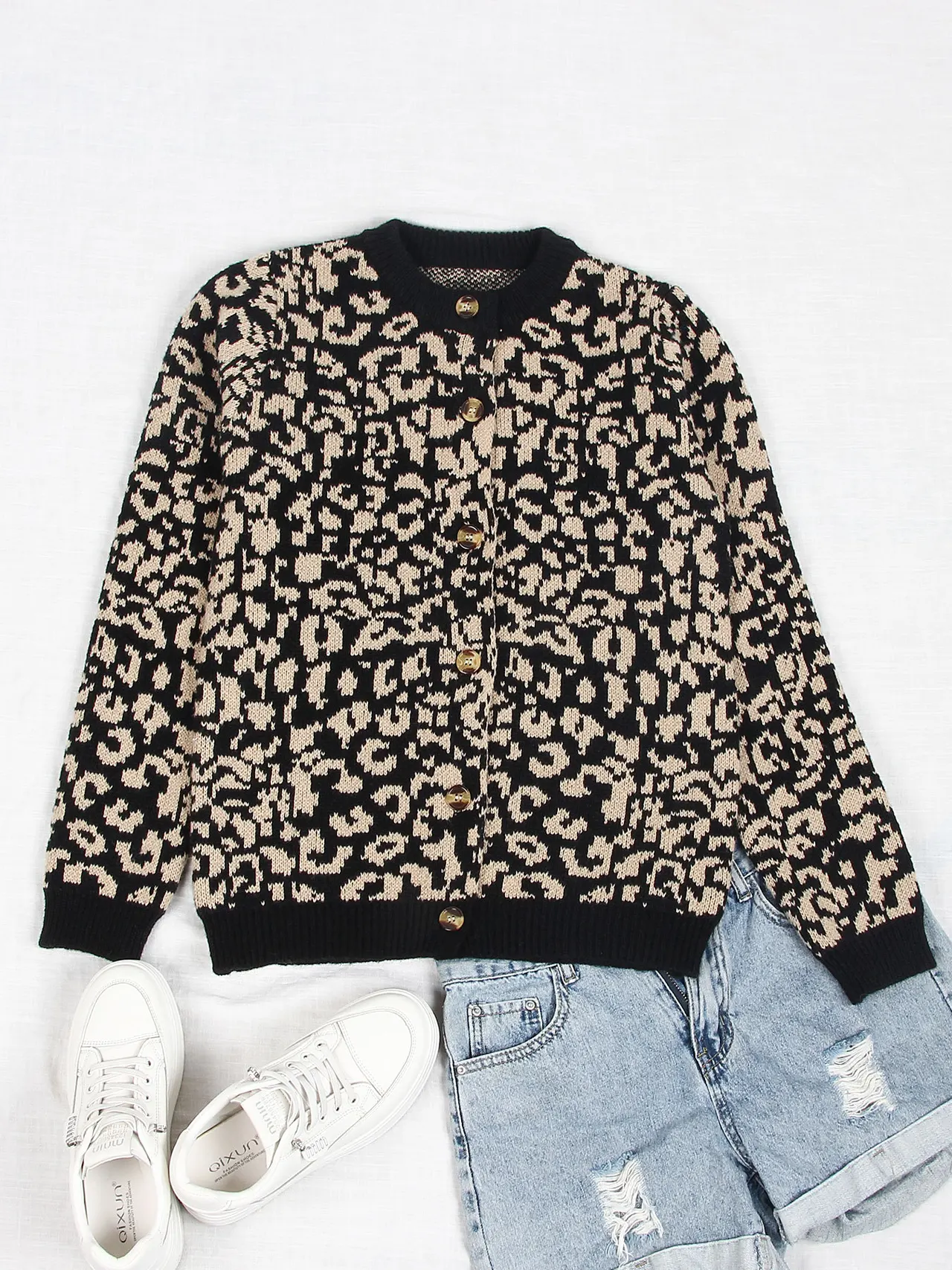 Knitted Round Neck Long Sleeve Leopard-print Sweater Cardigan - Black