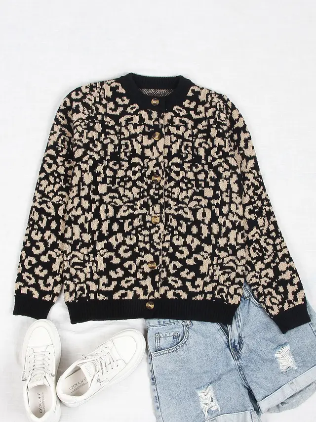 Knitted Round Neck Long Sleeve Leopard print Sweater Cardigan Black - Shop at LoveMi