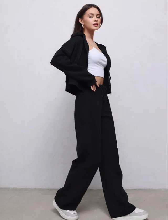Zipper Sweater Wide leg Pants Sports Suit Black - Shop at LoveMi
