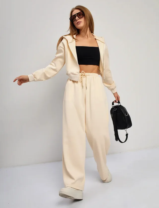 Zipper Sweater Wide leg Pants Sports Suit Khaki - Shop at LoveMi