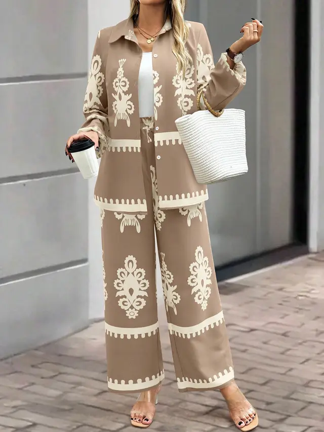 Casual Style Printed Loose Top Pants Two piece Set Khaki - Shop at LoveMi