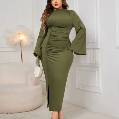 Spring And Autumn Solid Color Turtleneck Dress Green - Shop at LoveMi