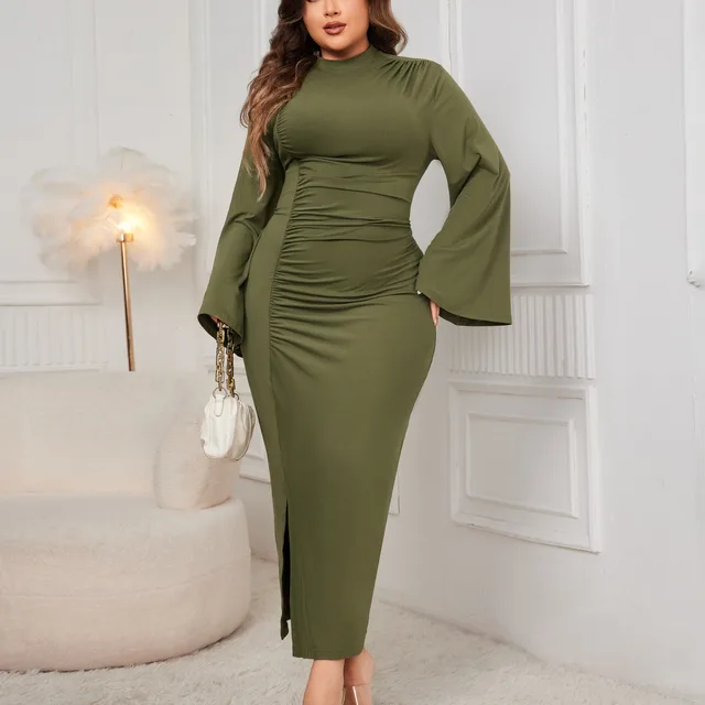 Spring And Autumn Solid Color Turtleneck Dress Green - Shop at LoveMi