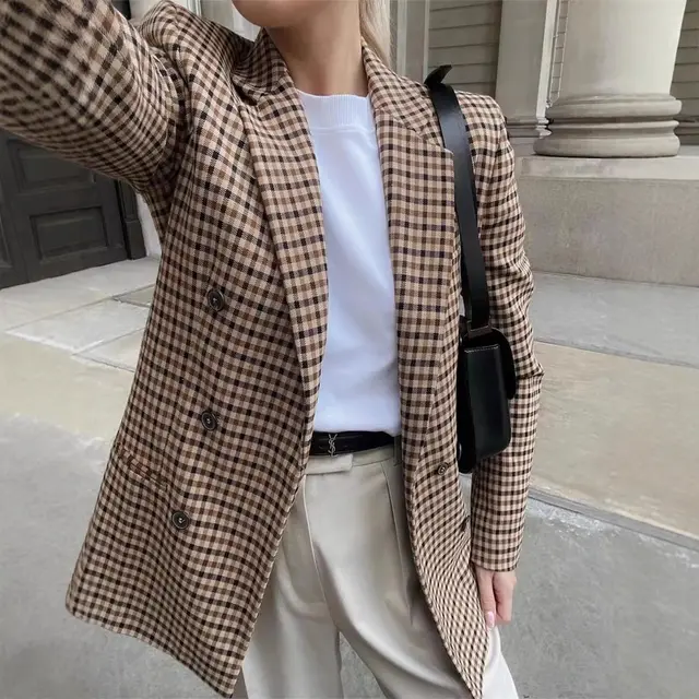 Women's Long sleeved Plaid Slim Fit Top Khaki - Shop at LoveMi